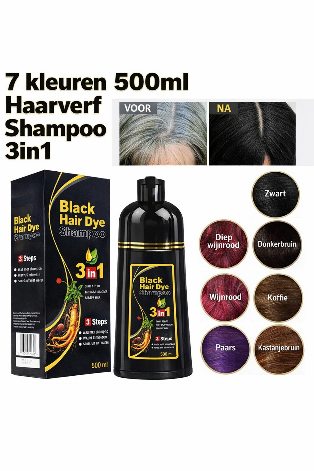 Premium 3-in-1 Haarverf Shampoo – Binnen 10 Min. Grijs Haar Weg | 7 Kleuren